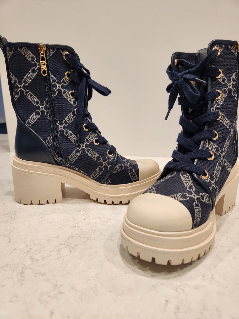 Michael Kors Women’s Hanley Empire logo Jacquard Combat Boots Navy w/Cream Sole